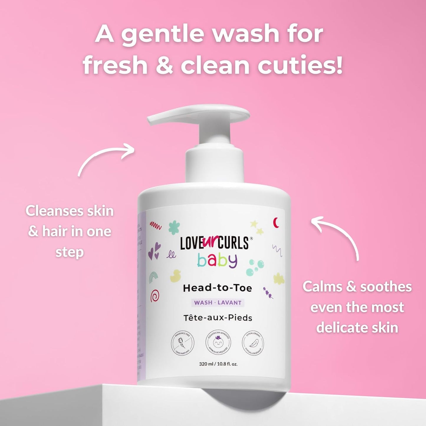 Love Ur Curls - LUCK Baby Head to Toe Wash, Gentle & Tear Free, Pediatrician Approved, Body Wash, and Ultra Mild Fragrance Free Mild Shampoo All in One, Vegan, 320 mL