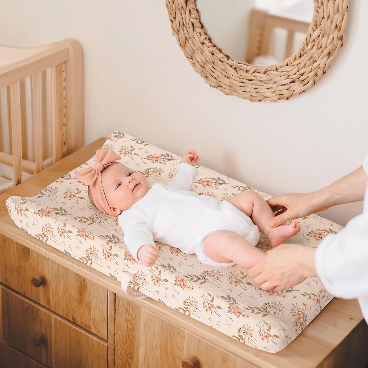 lulumoon Muslin Changing Pad Cover: 2-Pack Soft Breathable Cotton Boho Floral Print for Baby Girls - Nursery & Baby Shower