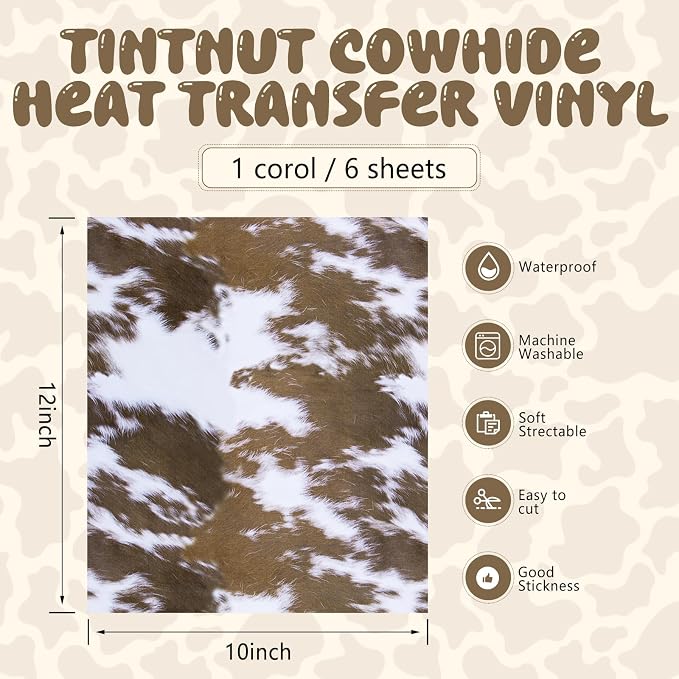 Tintnut White Cowhide Heat Transfer Vinyl, easy cut & weed, stretch washable