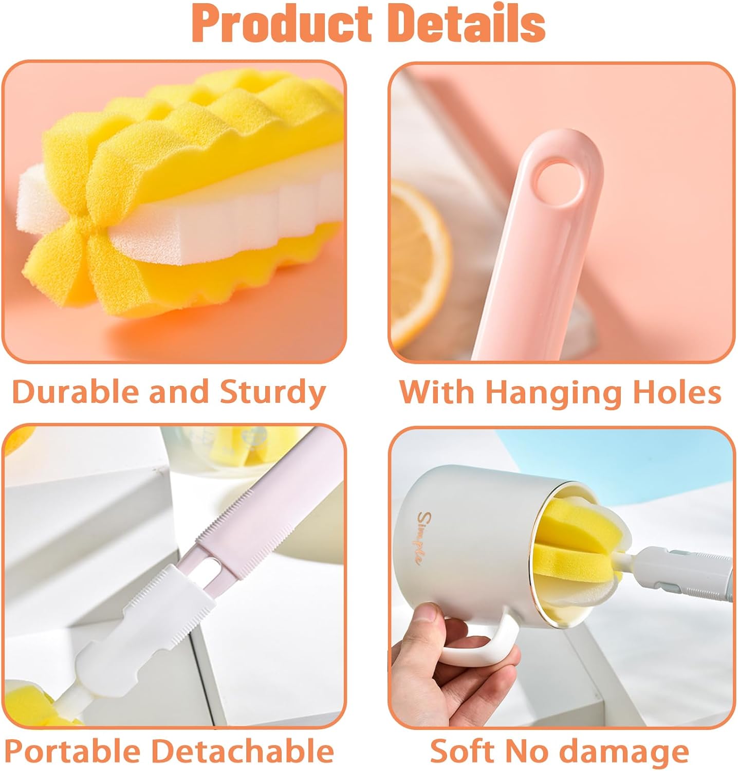INVODA 4PCS Bottle Brush Long Handle Cup Cleaner Brush Sponge Bottle Scrubber Detachable Handle Portable Sponge Cleaning Brush for Baby Bottle Dishwashing Kitchen Clean Glasses Mugs (4 PCS)
