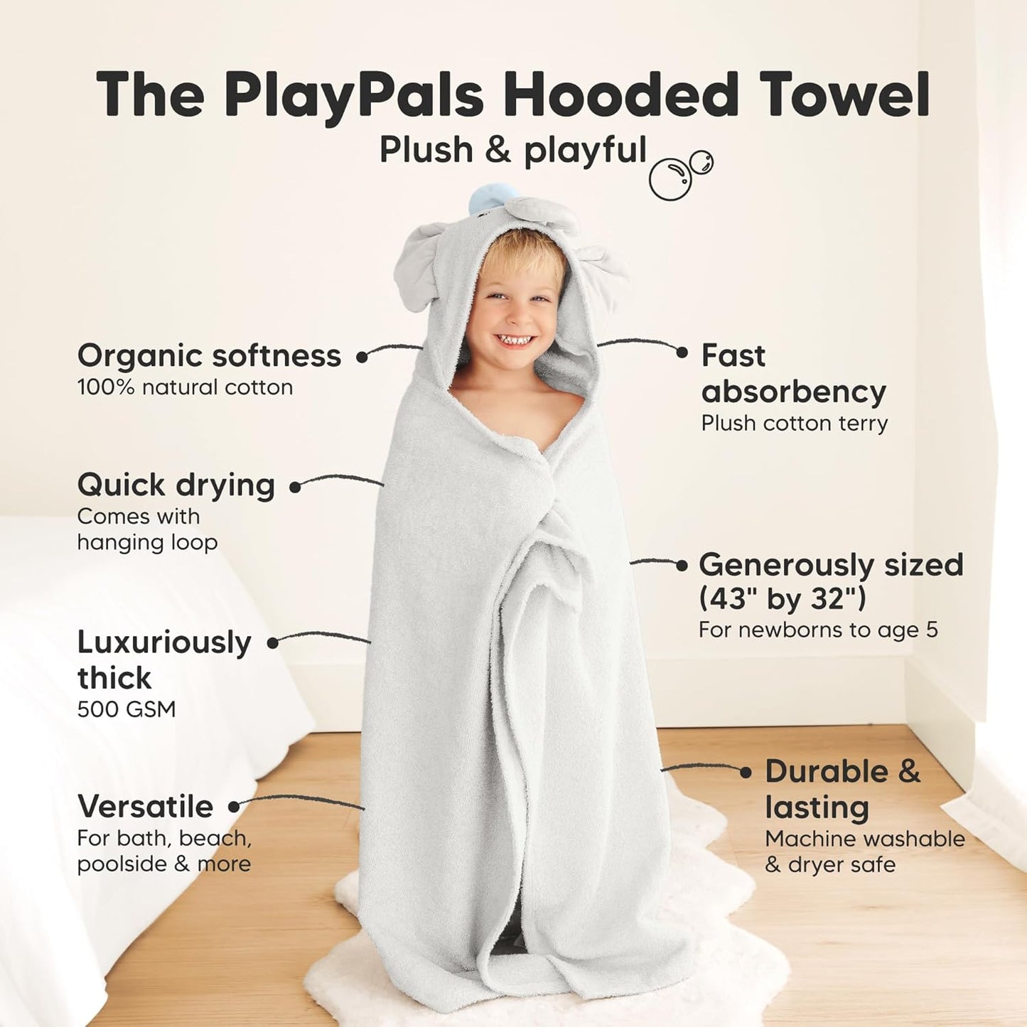 KeaBabies Organic Baby Towel with Hood for Girls, Boys - Soft, Absorbent, 100% Cotton Hooded Baby Towels for Newborns, Infants, Large Hooded Bath Towels for Babies, Kids, Toddler 1-3 (Ethan)