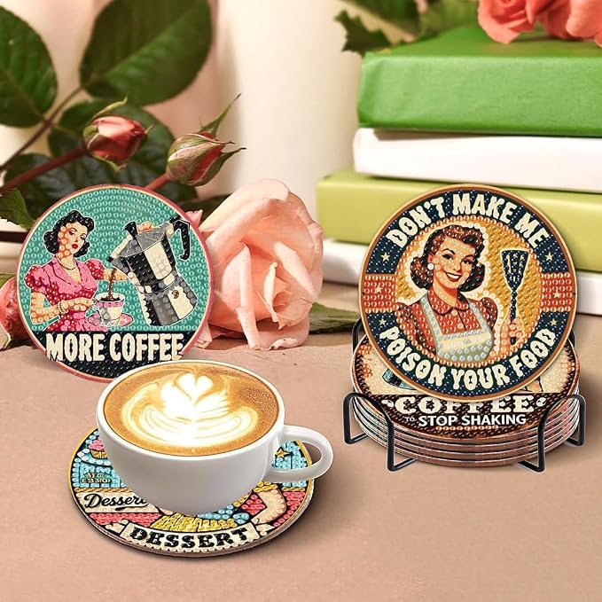8Pcs Retro Housewife Diamond Art Coasters Kit, Vintage Coffee Diamond Painting