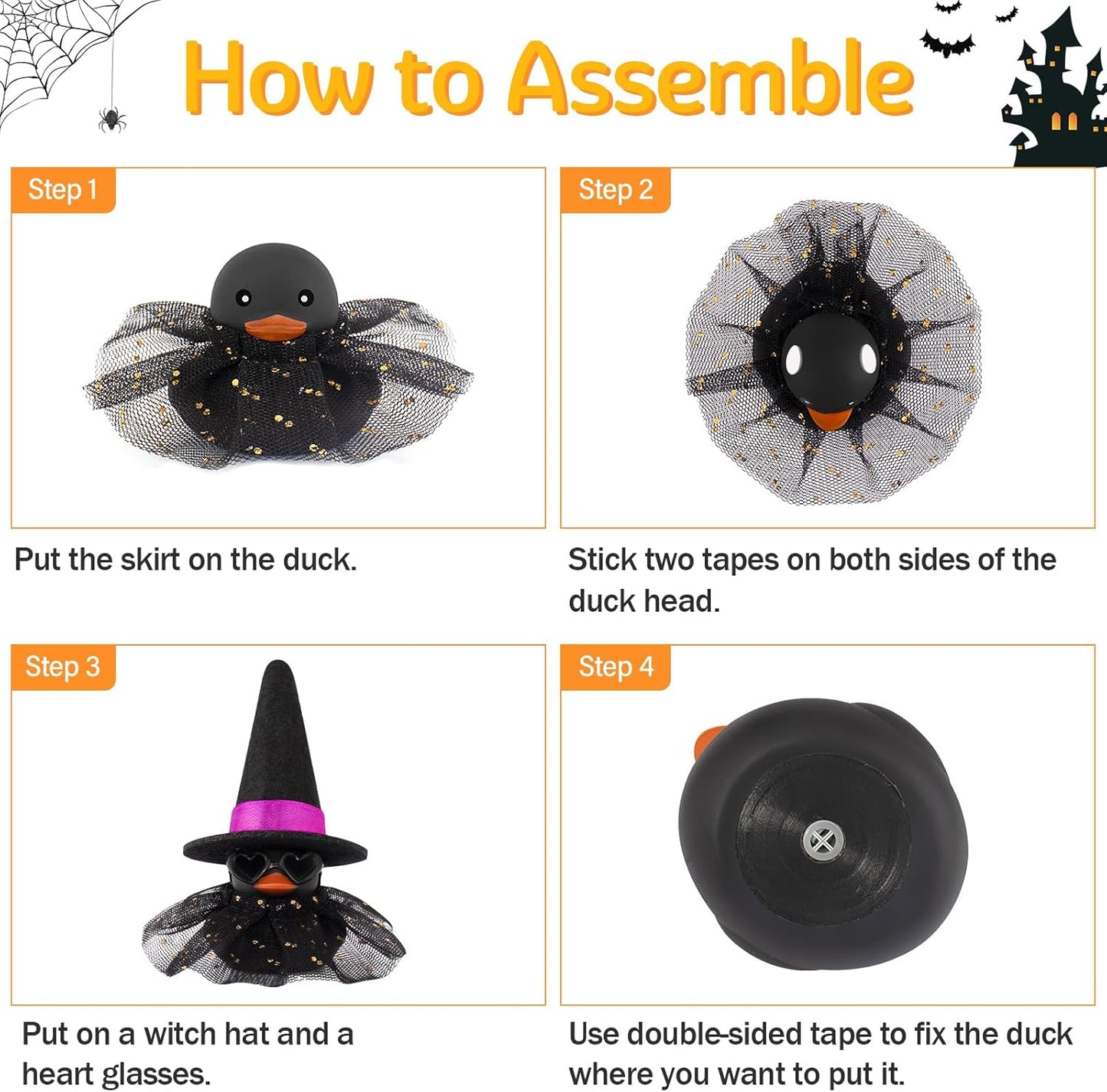 wonuu Car Dashboard Witch Colorful Rubber Ducks for Halloween, Decorations Duck for Office Desk Ornament Accessories with Hat Glasses Skirt, Sequin Skirt Black