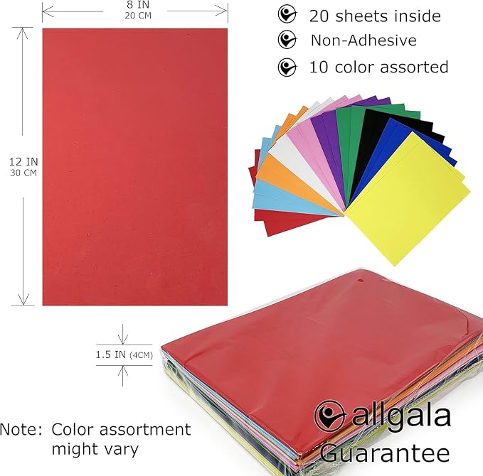 Allgala 20 Value Pack EVA Foam Paper 8" x 12" Sheets
