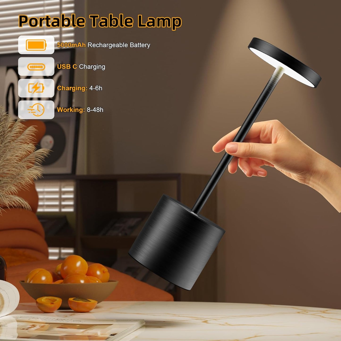 Cordless Table Lamps Rechargeable - Outdoor Portable LED Table Light 5000mAh Battery Operated Lamp 3 Color Stepless Dimming with Memory Function for Restaurant Dining Patio 2Pack Black