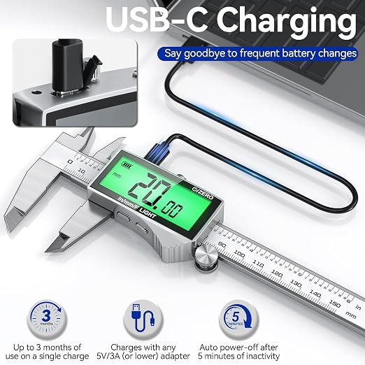 Rechargeable Digital Caliper 6 Inch, High-Precision Stainless Steel Vernier