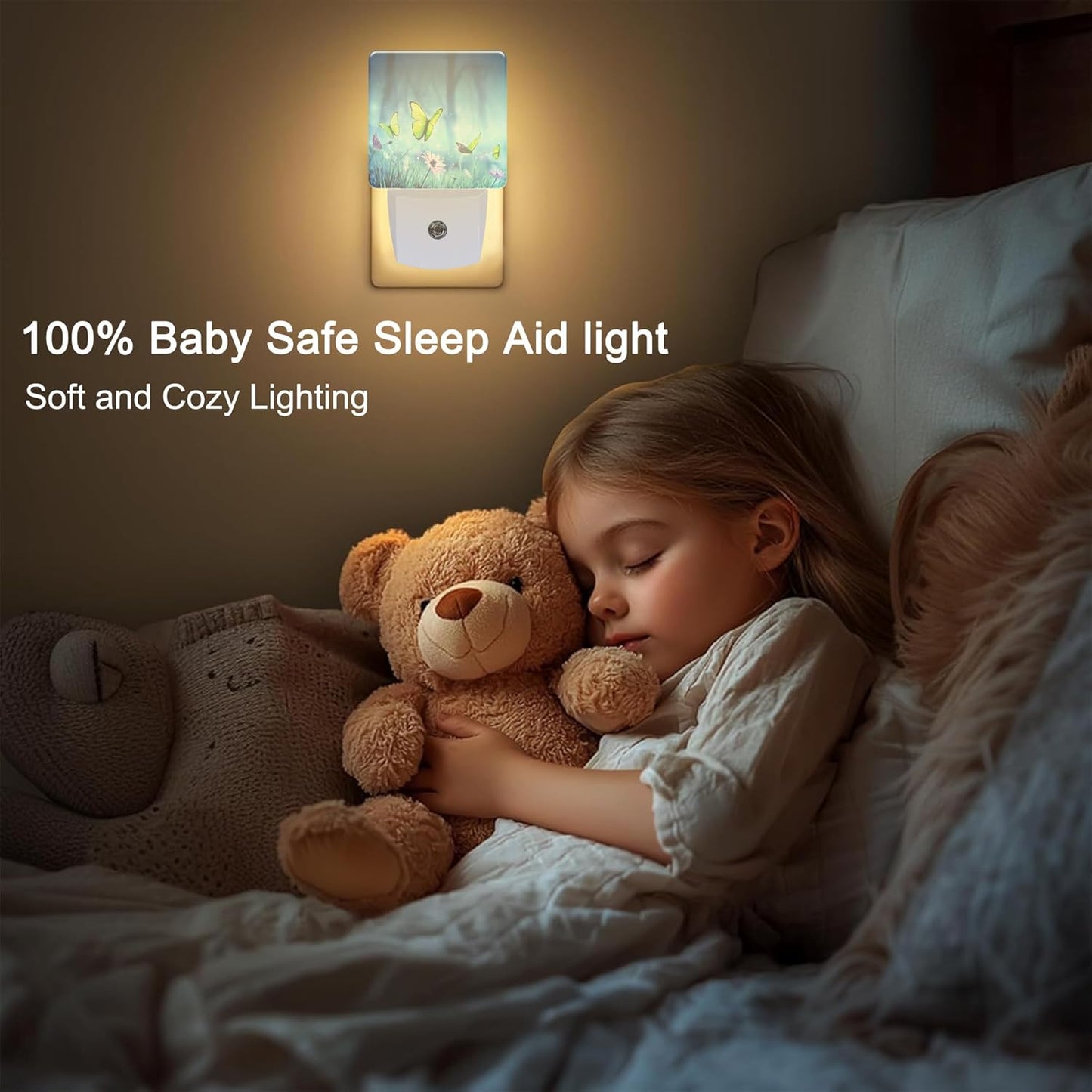 Mystic Fairy Butterflies Floral Plug in Night Light with Auto Dusk to Dawn Sensor,Warm Night Lights for Boys Girls Bedroom Bathroom Hallway Kids Room Gifts