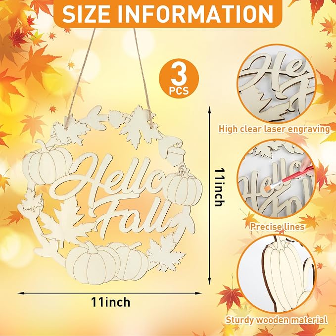 Unfinished Fall Wreaths Wood Crafts to Paint Set of 3, Unfinished Wood Cutouts