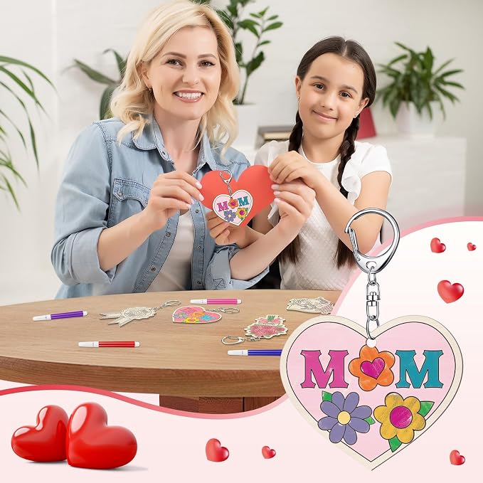 RattanView 24 Pcs Mom Craft Color Your Own Keychains Diy Craft Wooden Blank