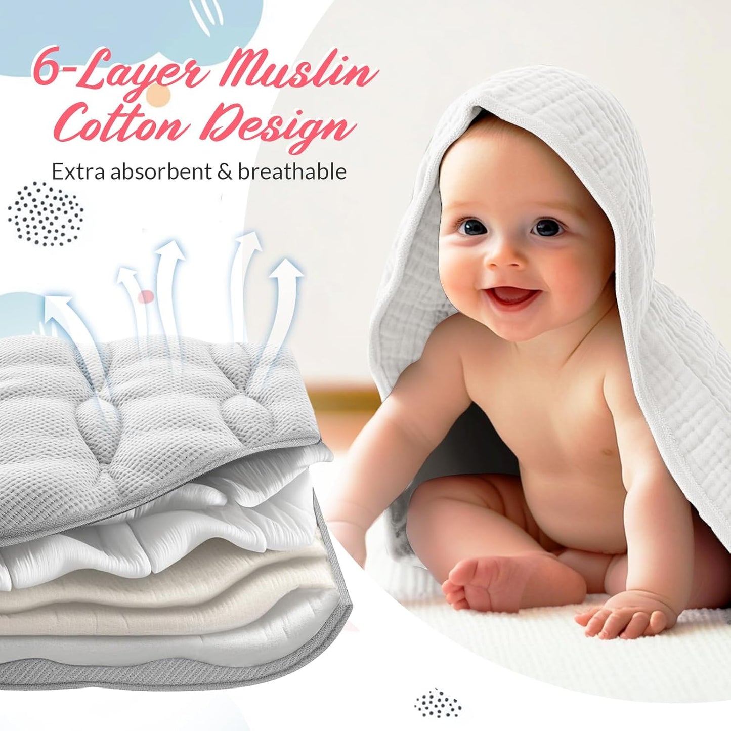 6 Pcs Muslin Hooded Bath Towels Washcloths and Bibs Set, Muslin Cotton Baby Towels Absorbent Hooded Blanket Towel Infant Bibs for Boys Girls Newborn Infant Essentials(Pink, Light Pink)