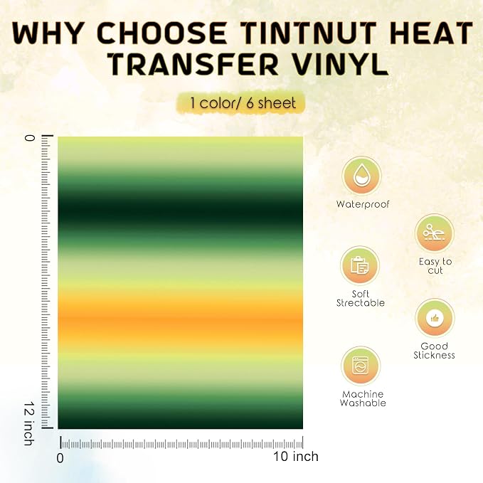Tintnut Green Yellow Gradient Heat Transfer Vinyl, Ombre pattern, PU HTV Sheets