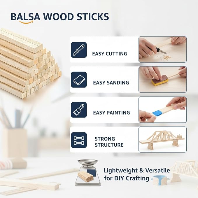 Yulejo 50 Pieces Balsa Wood Sticks, 1/2 x 1/2 x 12 Inch Square Wooden Dowels