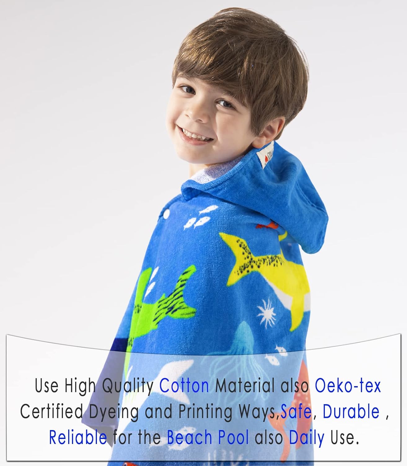 VOOVA & MOVAS Hooded Towel for Toddlers 3-10 Years,30''X50'',Soft | Thick | Cotton | Absorbent | Large Beach | Pool | Bath | Swim Towels | Cover up for Boys, Shark Fish