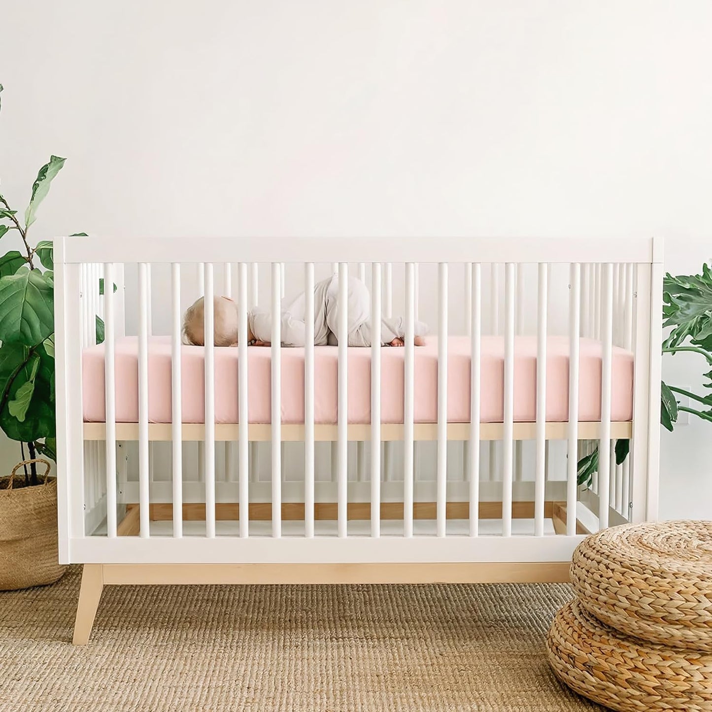 GRSSDER Stretch Ultra Soft Jersey Knit Fitted Crib Sheets Set 2 Pack, Universal Fitted Most Crib Mattress Pads Safe and Snug, Breathable Crib Fitted Sheet for Baby, Pink Rose Print