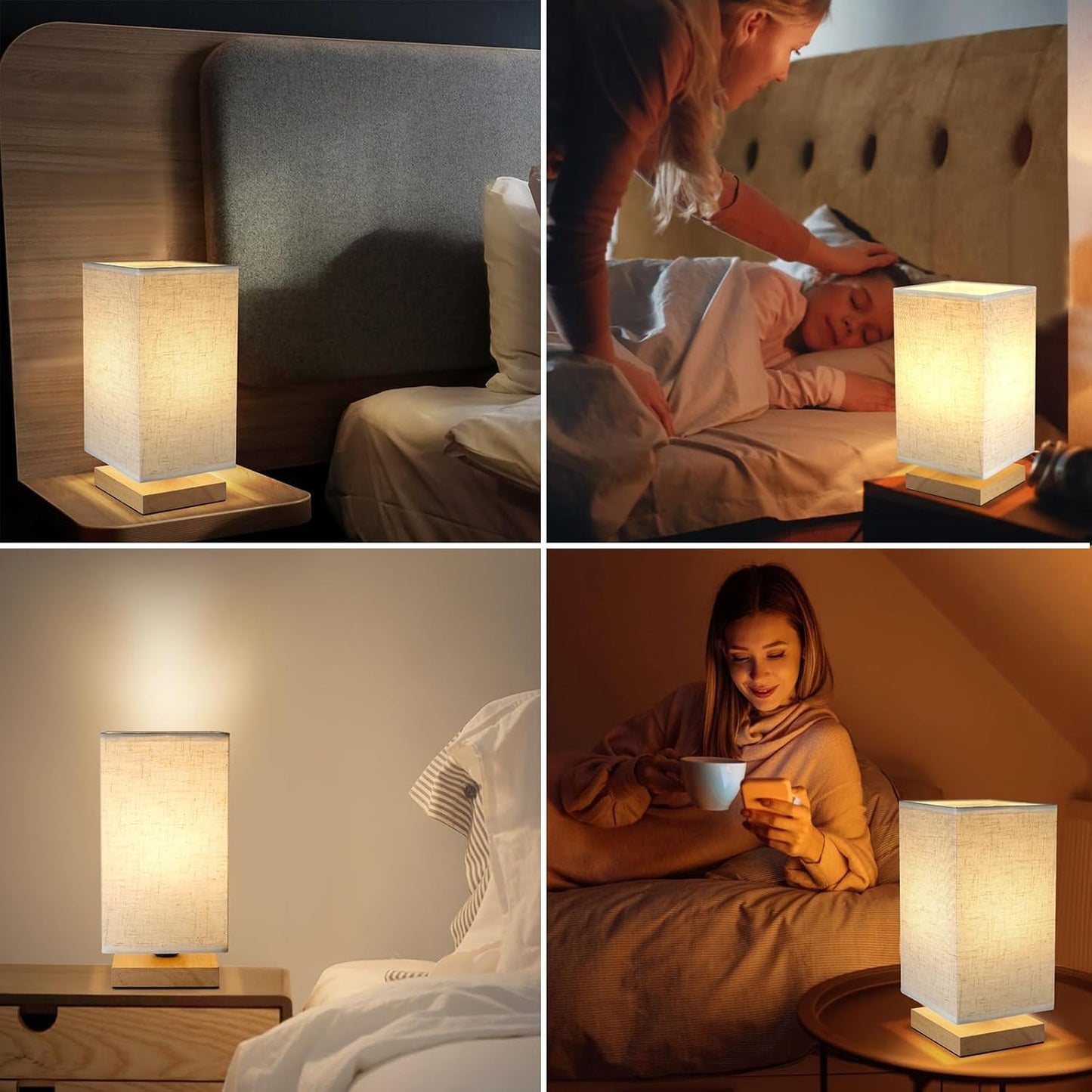 Small Square Bedside Table Lamp for Bedroom, Minimalist Wood Base & Round Fabric Shade, Mini Cute Cozy Warm Nightstand Boho Lamp, Study Desk Night Stand Light for Room, Dorm, Nursery, Living Room