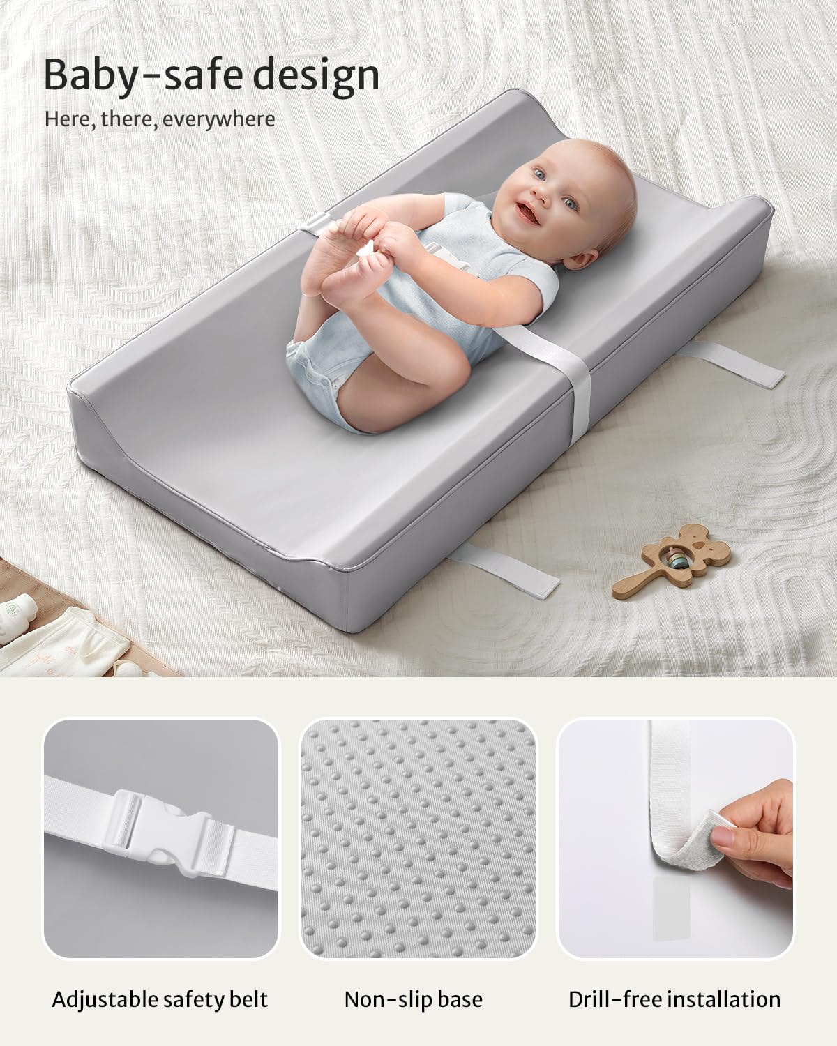 Blissful Diary Vegan Leather Baby Changing Pad with Waterproof & Wipe-Clean PU Cover, Standard Size Cozy Diaper Changing Pad for Dresser and Table, Light Gray
