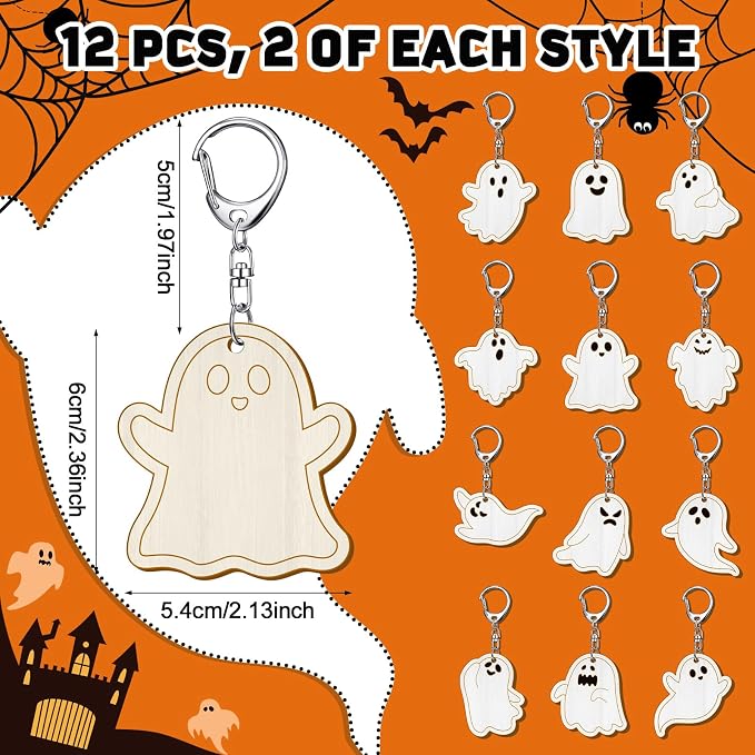 RattanView 24 Pcs Ghost Craft Color Your Own Keychains DIY Craft Wooden Blank