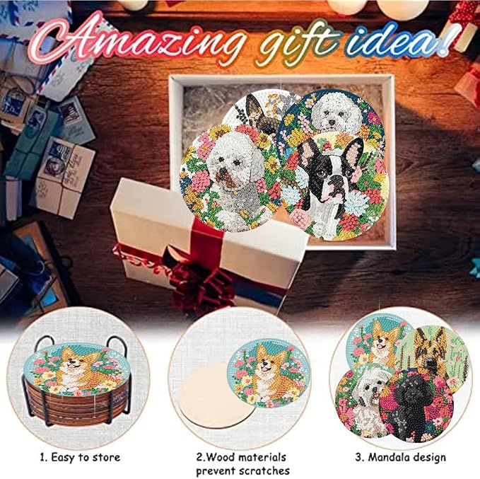 8 Pack Diamond Art Coasters, Dog Flowers Diamond Painting Coasters Kits | Dog