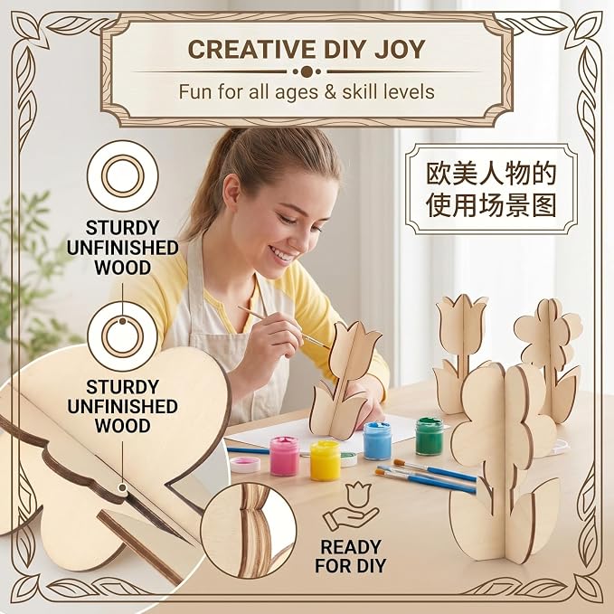 24-Piece 3D Craft Set Wooden Unfinished Wood Crafts Flowersspring Crafts