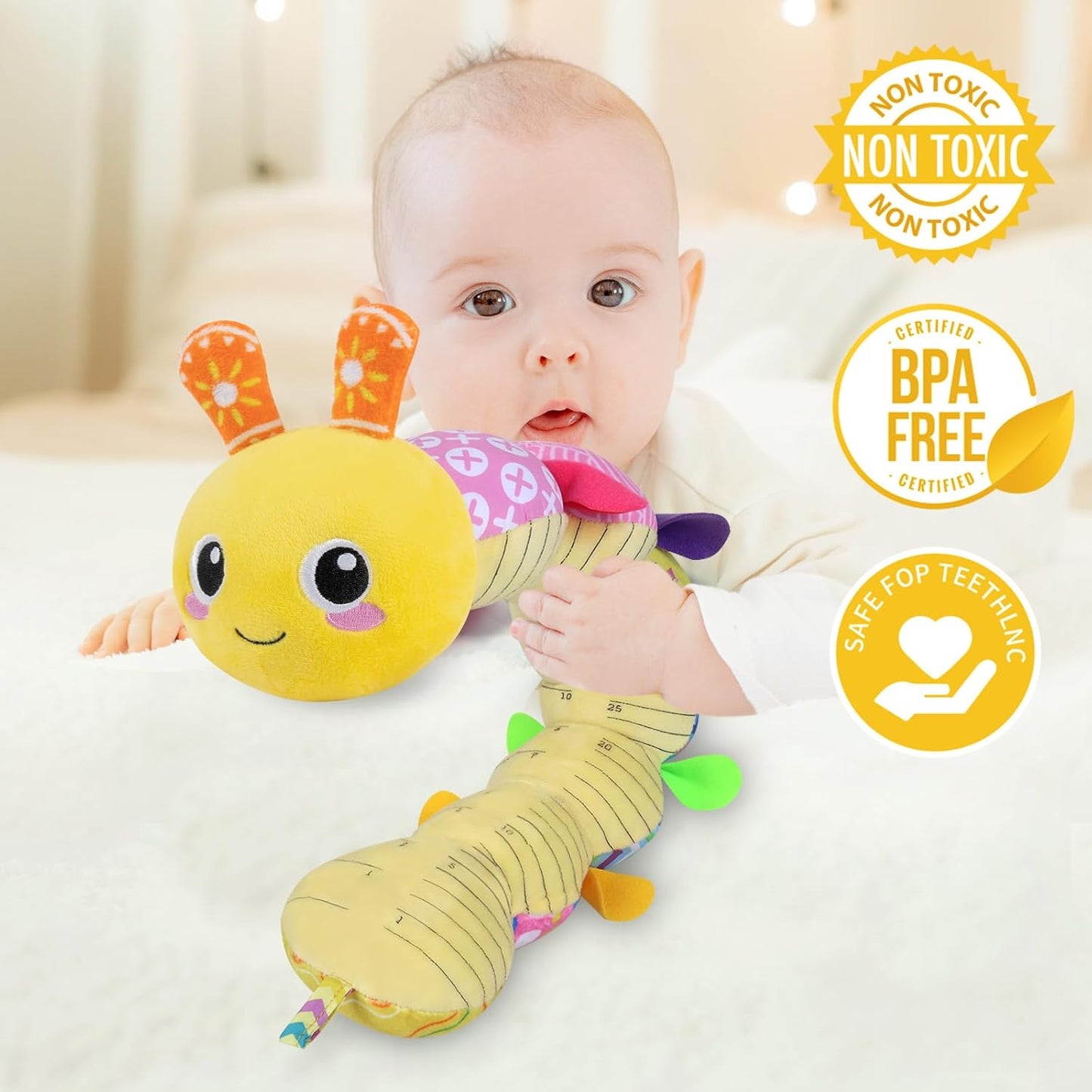 KMUYSL Baby Toys 0-12 Months, Musical Animal Stuffed Toy with Crinkle, Rattles & Lullaby, Plush Toy for Infant Newborn, Yellow Fabric Cotton