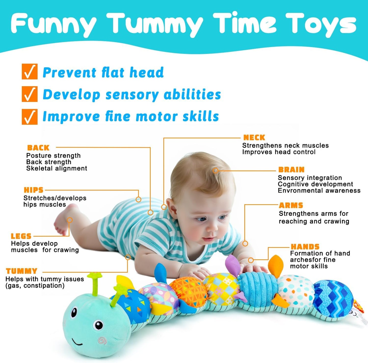 Baby Tummy Time Toys 0-6 Month Musical Stuffed Animal Plush Caterpillar Toy for Infant 6-12 Month Teething Sensory Toy with Crinkle Rattle for Babies 0-3-6 Month Newborn Boy Girl