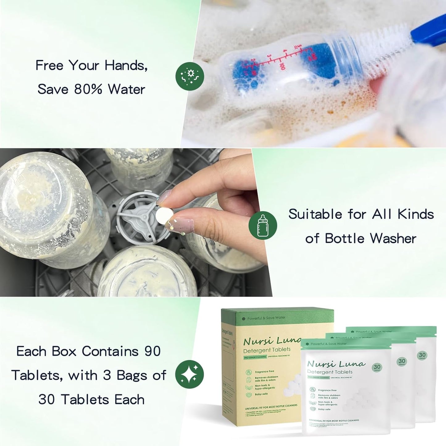 Detergent Tablets for All Brands Baby Bottle Washers, 90 Count Gentle Formula Baby Bottle Washer Tablets with Storage Container, Fast-Dissolving, Efficiency Removes Milk Residue & Odor