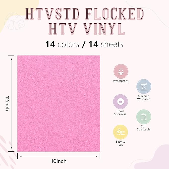 HTVSTD Colorful Flock HTV Heat Transfer Vinyl 14pcs 12×10in | Flocked Iron on