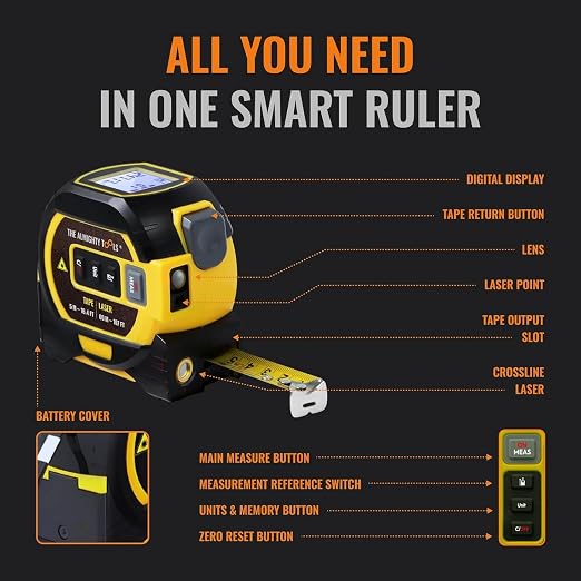 The Almighty Ruler Laser Tape Measure | Laser Distance Measurer, Heavy-Duty Tool