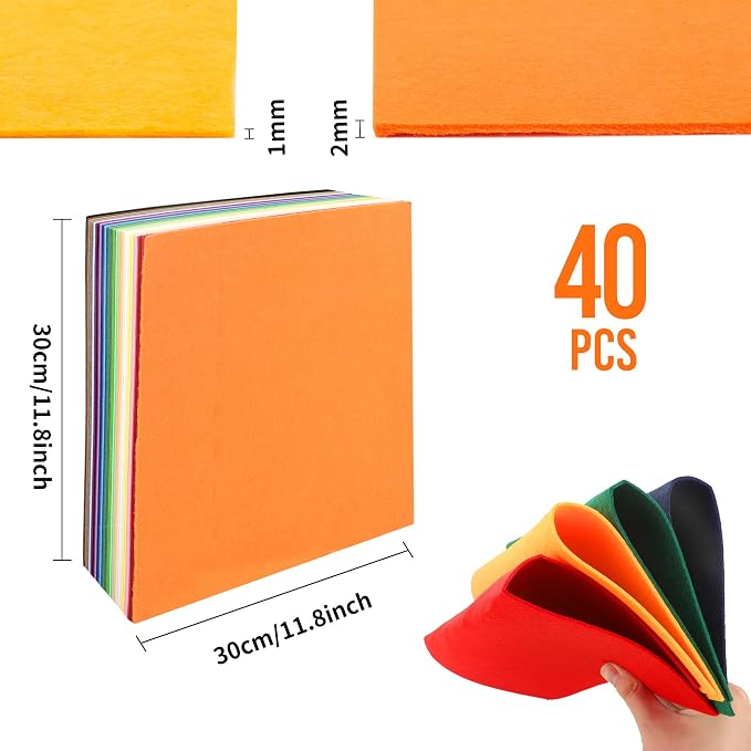 40PCS 12 x 12”, 2mm Thick Stiff Felt Fabric Sheets Assorted Colours Felt Pack