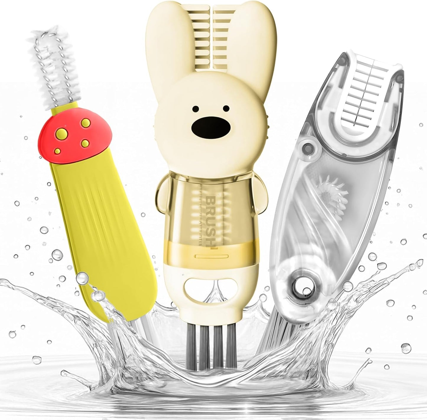 Cup Lid Cleaning Brush, Multifunctional Set with 3 in 1 Lid Cleaner and Two 4 in 1 Cup Lid Cleaning Brushes, Cleaning Brush Tool for Bottles, Straws, Tumblers, Travel Mug Caps, Portable Kit (Yellow)