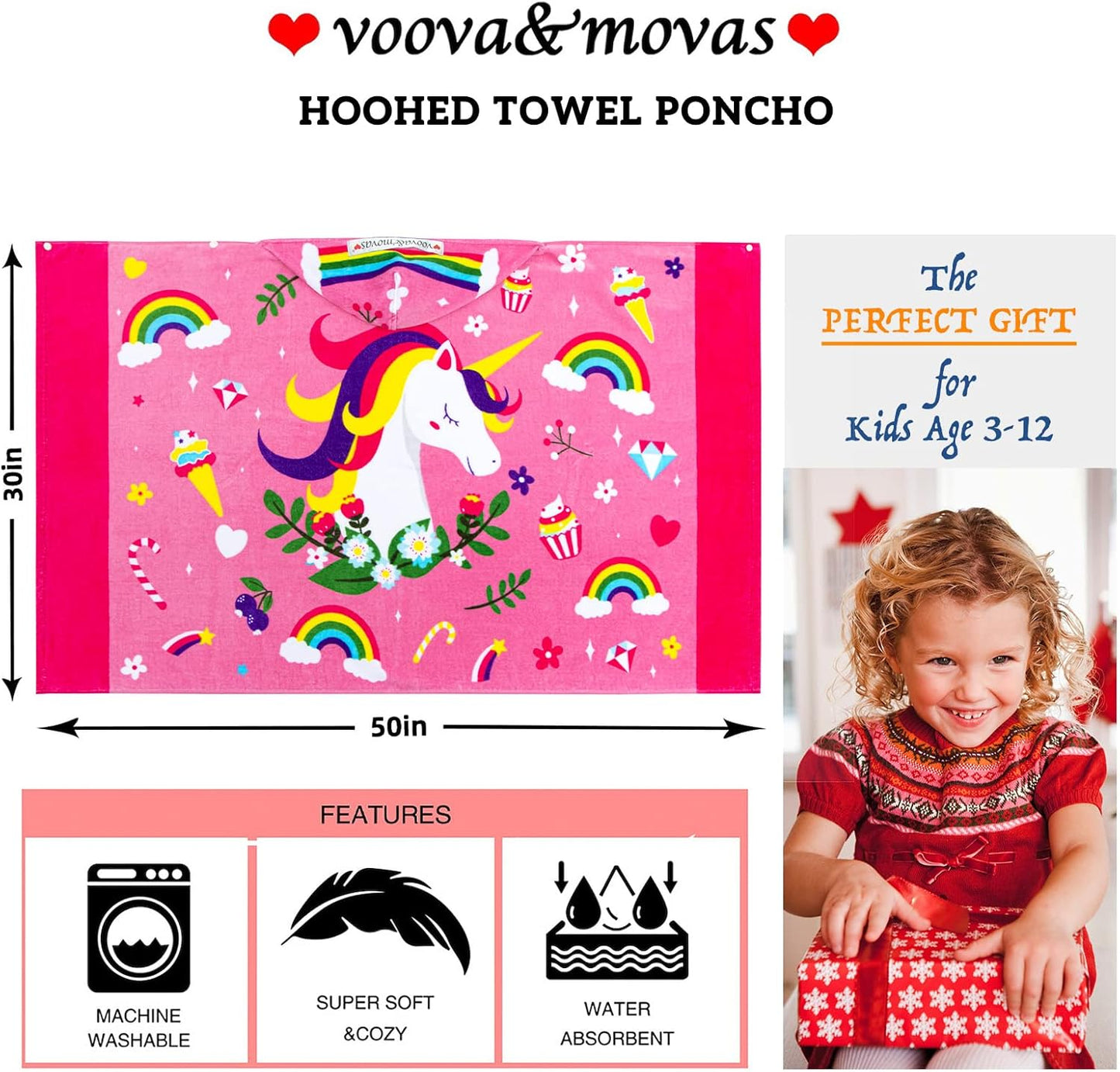 VOOVA & MOVAS Hooded Towels for Kids 3-10 Years, 30''X50, Soft Thick Cotton | Absorbent Beach, Bath, Pool Swim Towels | Cover up for Girls | Pink Floral Unicorn