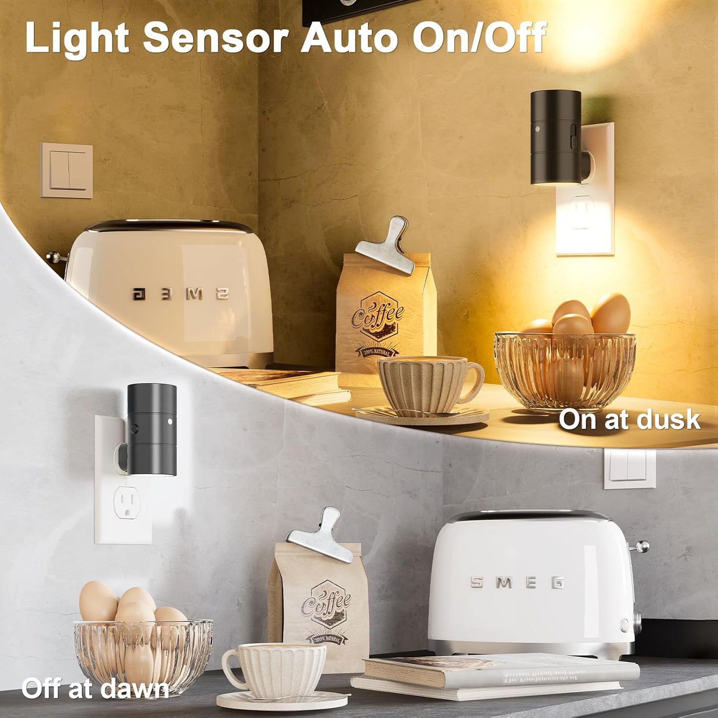 NIORSUN Night Lights Plug into Wall, Dimmable with 3 Color Modes & Auto On/Off Sensor, Ultra-Slim Nightlight for Hallway, Bathroom, Bedroom, Nursery, Kitchen (8 Pack, Black)