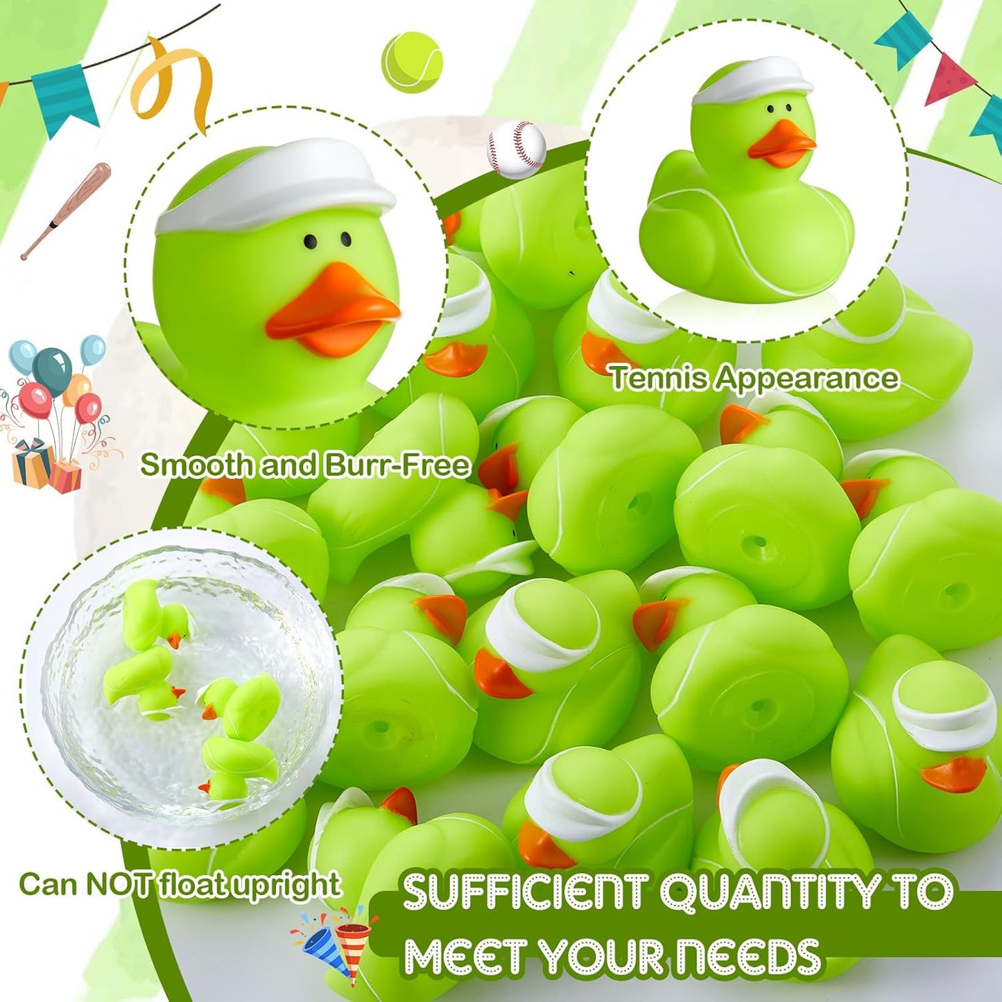 Deekin 24 Pcs Rubber Duck 2 Inch Bulk Sport Party Favors for Birthday Party Decorations Club Player Gift (Tennis)