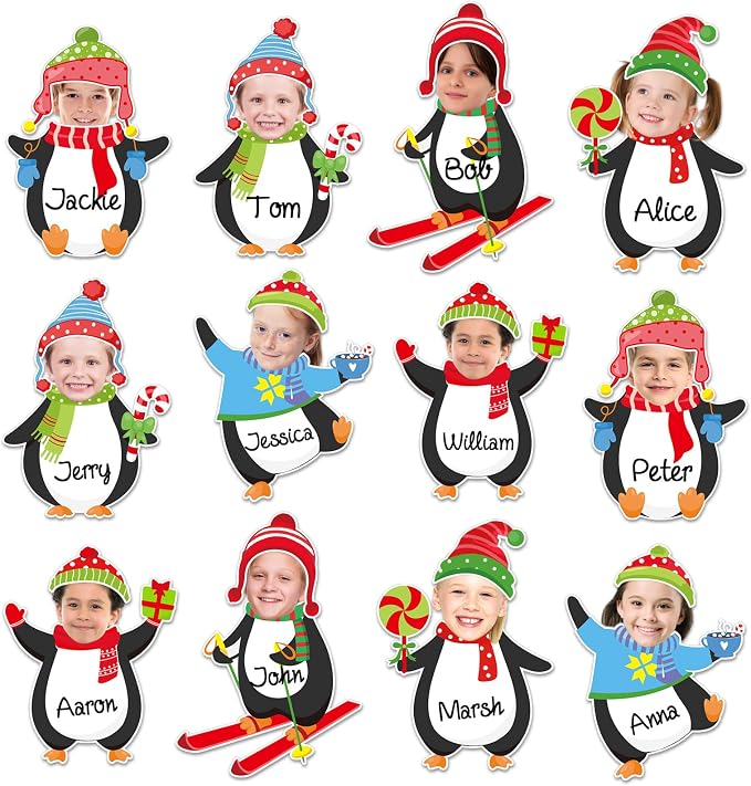 Whaline Winter Penguin Cutouts, 48 Sets Christmas Penguin & Hats DIY Photo Name