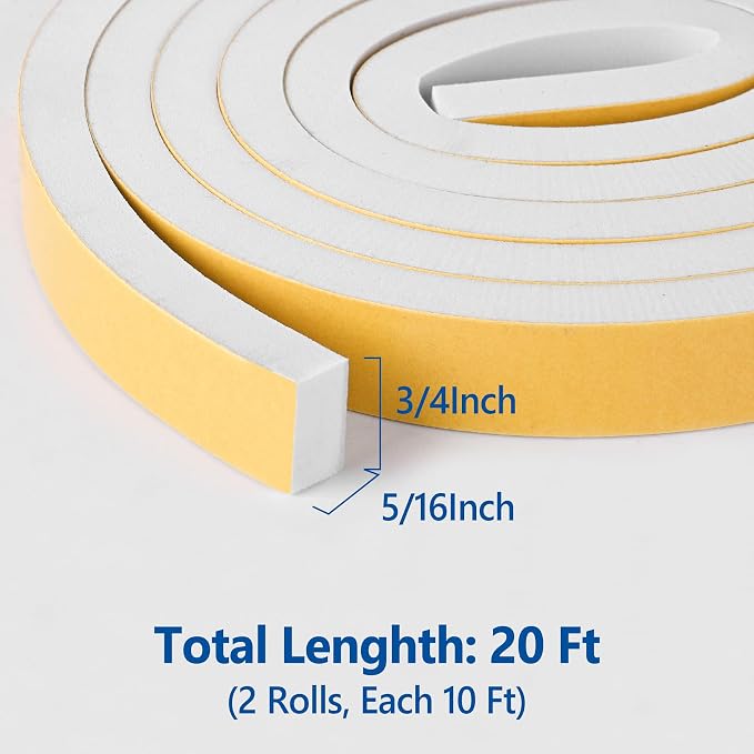 Kikerike Self Adhesive Foam Tape Weatherstrip 3/4in x 5/16in x 20Ft High