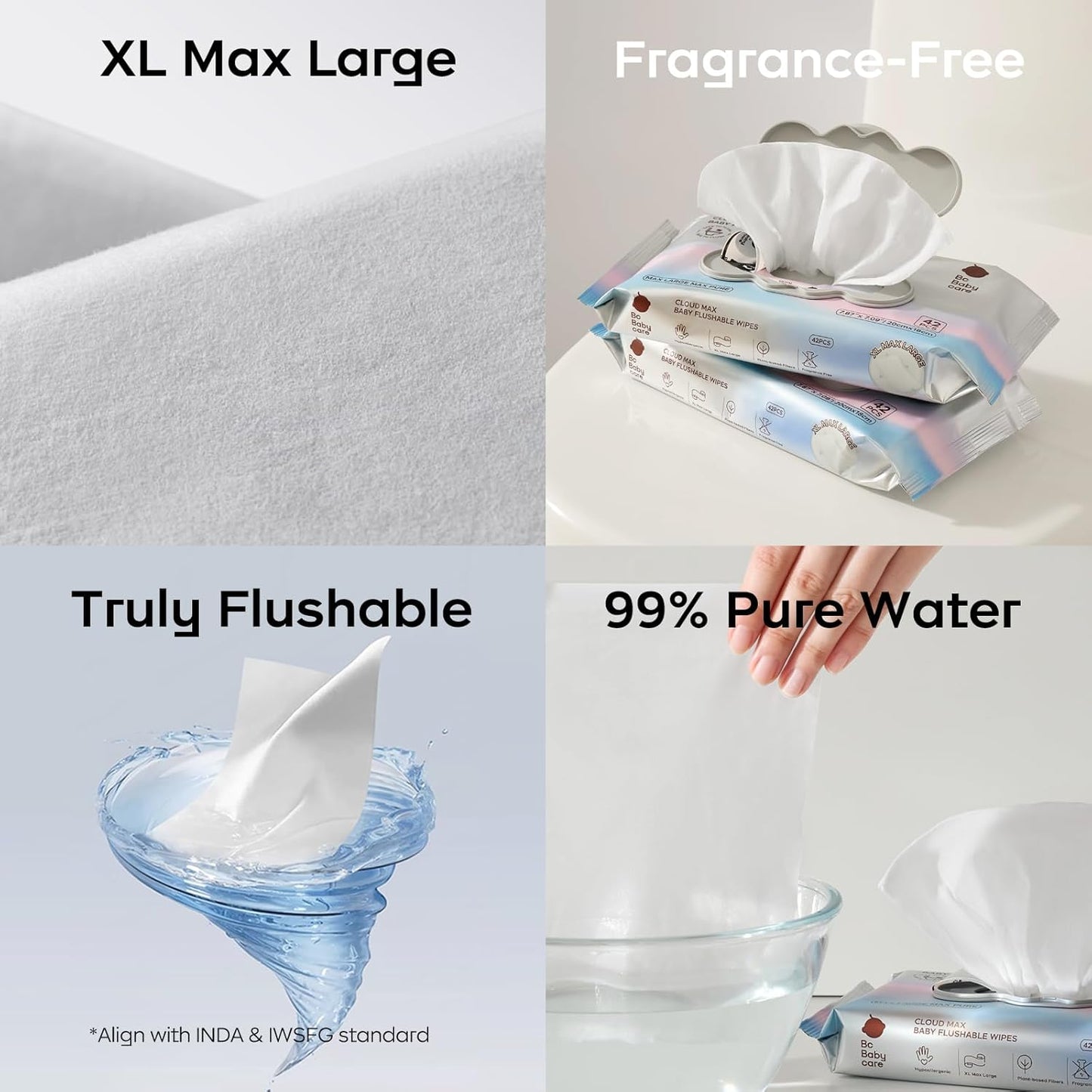 Bc Babycare Flushable Wipes, Hypoallergenic for Sensitive Skin, 99% Water, Plant-Based Fibers, Sewer + Septic Safe, Fragrance Free Toddler Potty Training, 42 Wipes, 3 Packs