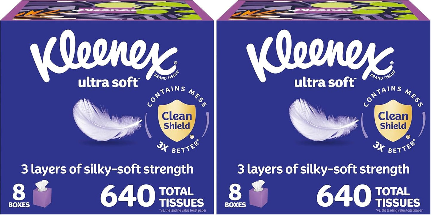 Kleenex Ultra Soft Facial Tissues, 8 Cube Boxes, 80 Tissues per Box, 3-Ply, Packaging May Vary (Pack of 2)