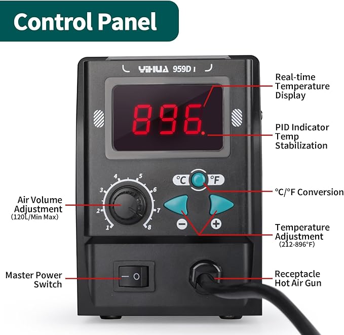 YIHUA 959D I Digital Hot Air Rework Station for SMD Reflow Soldering with 3 Hot Air Nozzles