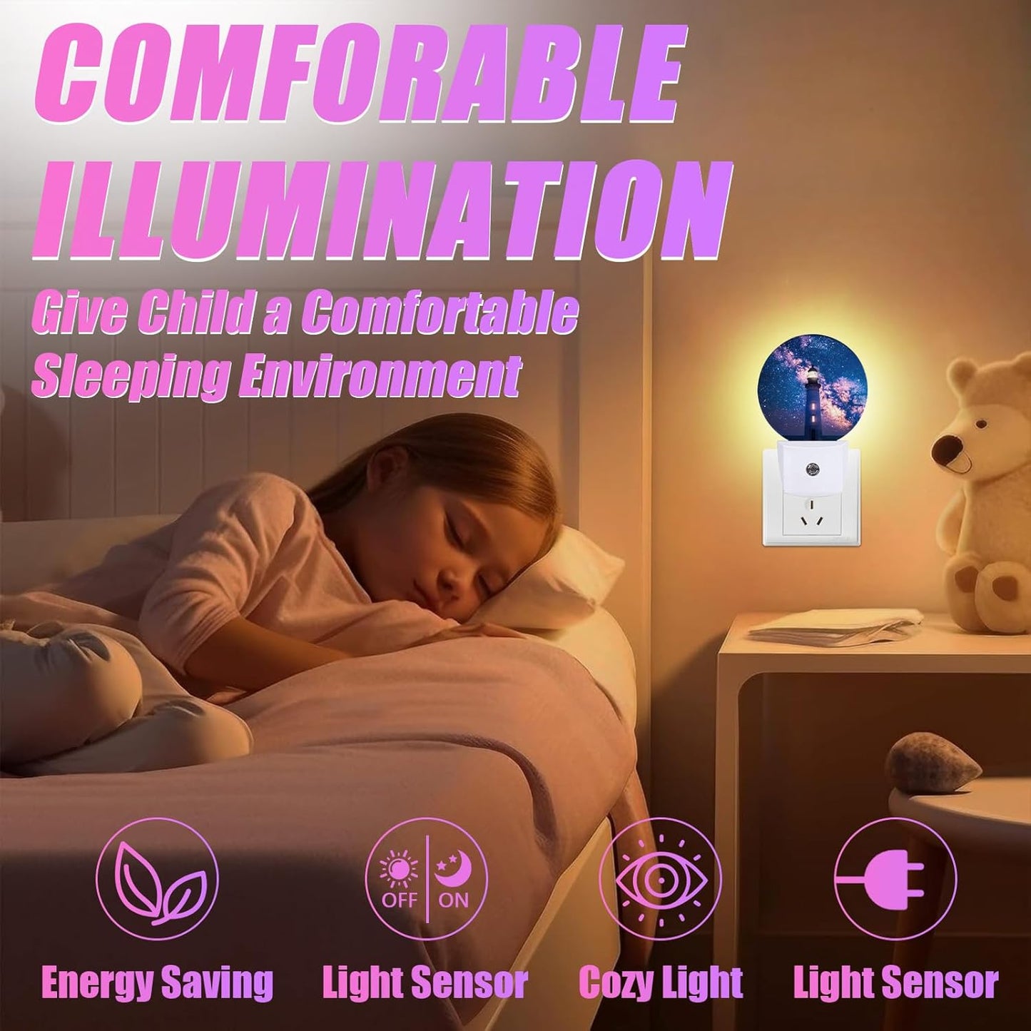 Nautical Lighthouse Night Light Starry Sky Night Lights LED Lamp Round Plug into Wall Nightlight with Dusk to Dawn Sensor Home Hallway Stairway Kitchen Decor