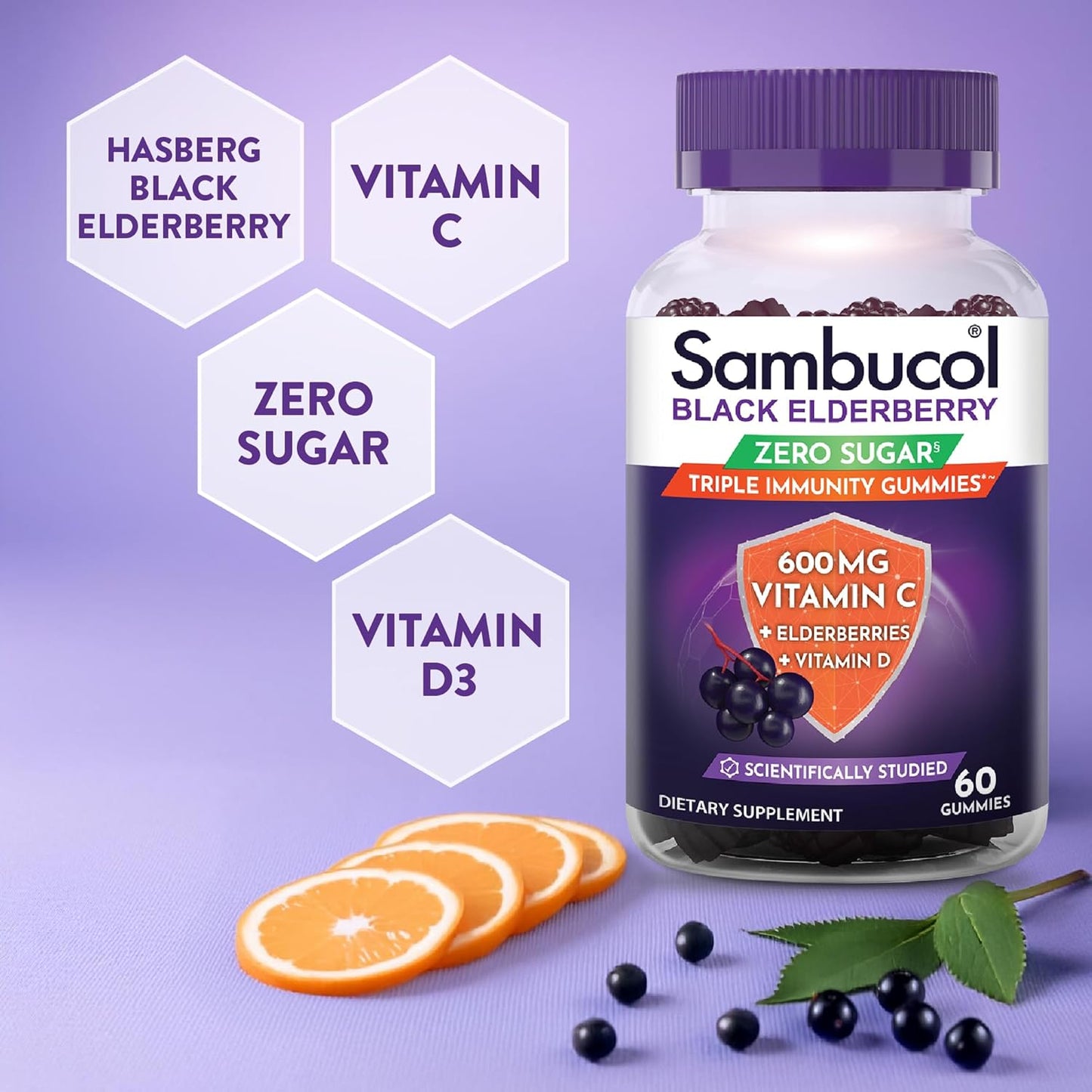Sambucol Black Elderberry Zero Sugar Triple Immunity Gummies - Black Elderberry Vitamin C Immune Support Supplement, Gummy with Vitamin D for Adults and Kids - 60 Gummies (Pack of 1)