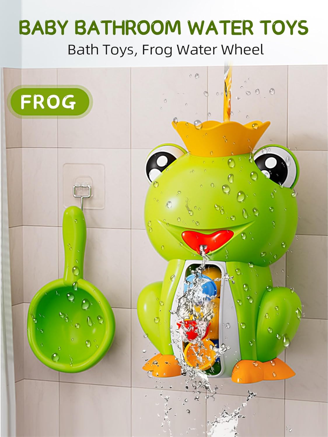 Baby Bath Toy with Suction Cups, Cute Frog Waterfall Bathtub Toy with Spinning Waterwheel, Interactive Toddler Bathtub Toy for Boys and Girls Gifts Ages 1-3