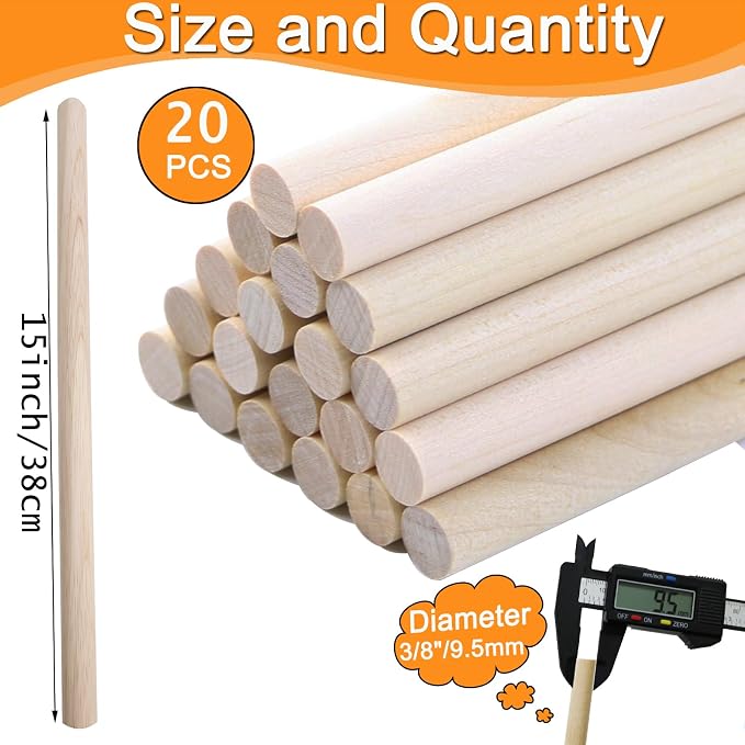 Yaliuliu 3/8 x 15 Wooden Dowel Rods 20PCS Round Wood Dowels