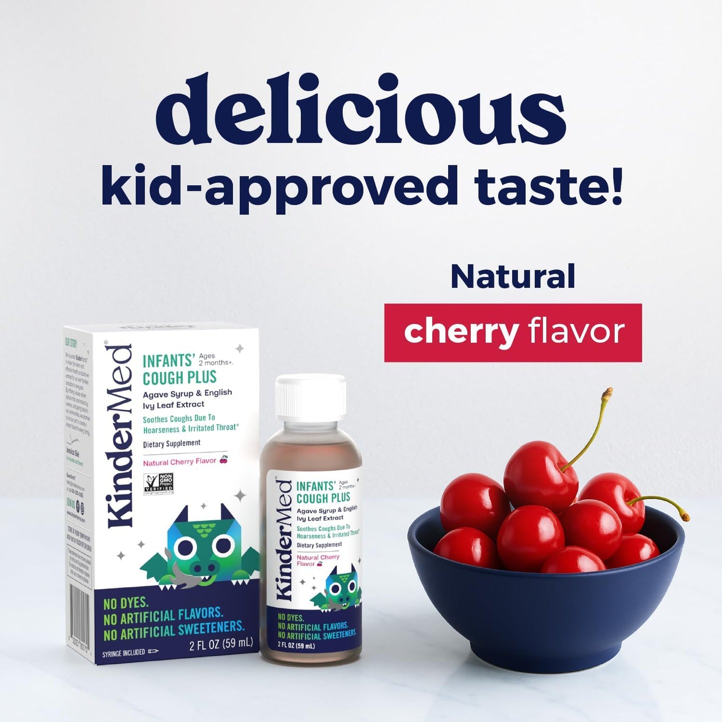 KinderMed Infants' Daytime Cough Plus, Organic Agave Syrup and English Ivy Leaf Extract, No Dyes, No Artificial Flavors or Sweeteners, Non-GMO, 2 Months+, Natural Cherry Flavor, 2 fl. oz (Pack of 2)