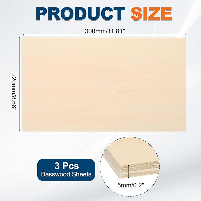 MECCANIXITY 3 Pcs Basswood Sheets 12 x 9 x 3/16 Inch Unfinished Wood Boards
