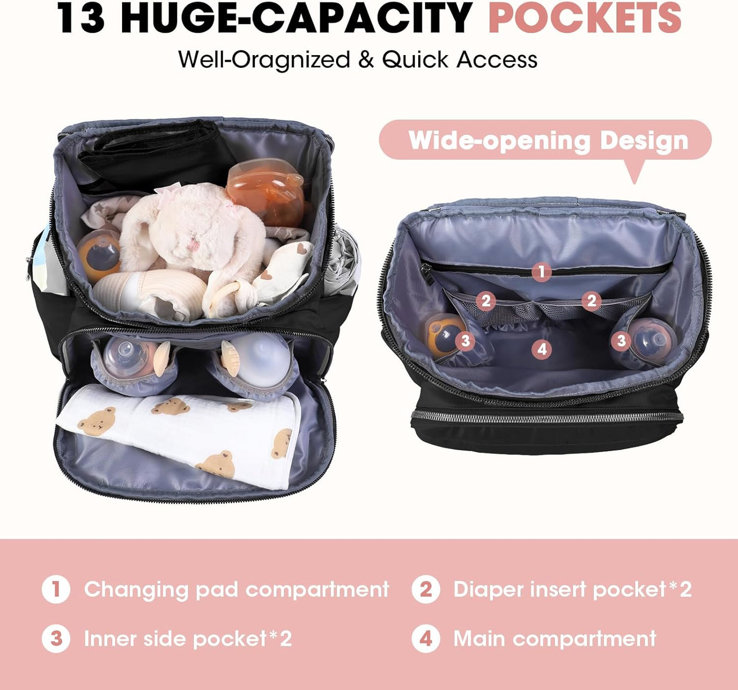 Baby Diaper Bag Backpack, Expandable Baby Bag for Girl Boy, Travel Diaper Backpack with Insulated Pocket, Changing Pad, Quilted Diaper Bag for Mom Dad, Newborn Baby Essentials Must Have Black