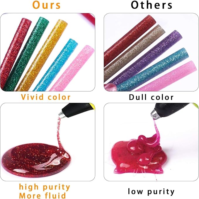 52 Pack Mini Glitter Color Hot Glue Sticks 13 Colored, 3.94" Long x 0.28"