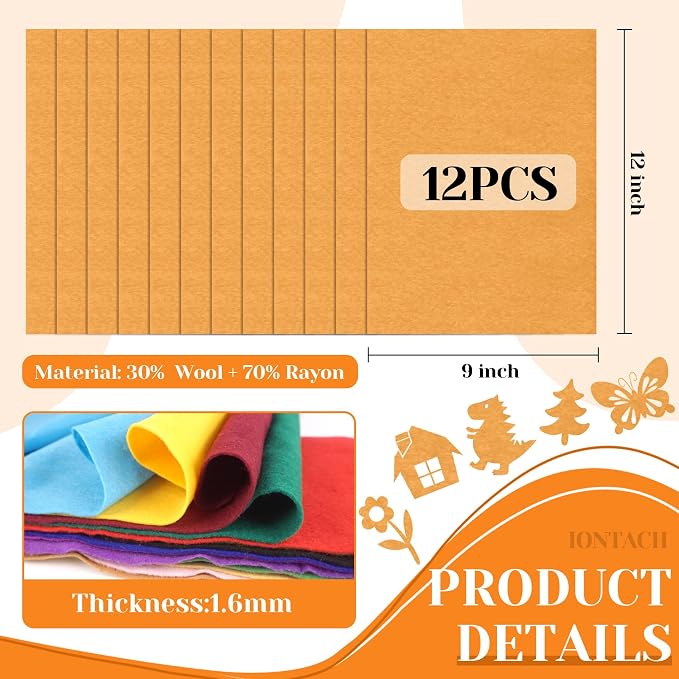 IONTACH 9" X 12" Felt Fabric Sheets 1.6mm Thick | Soft Felt