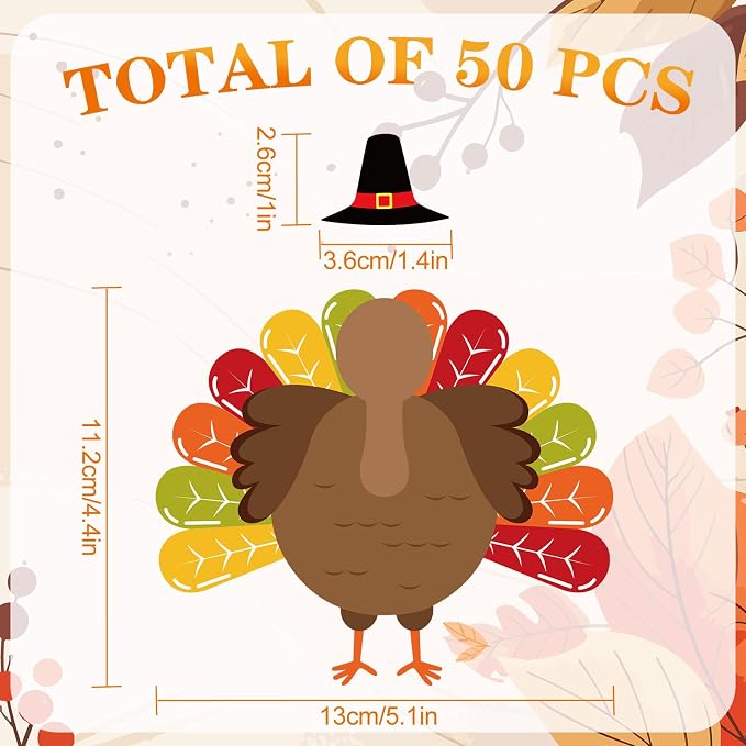 FYSUIMU 50 Sets Fall Thanksgiving Turkey DIY Cutouts Turkey and Hat Cut-Outs
