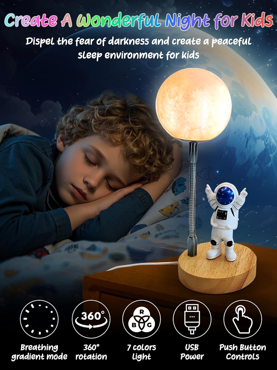 Moon Lamp for Kids,Astronaut Light 7 Color Space Night Light,3D Moon Light Nursery Bedroom Space Themed Decor Table Lamp,Birthday Gifts for Boys Girls