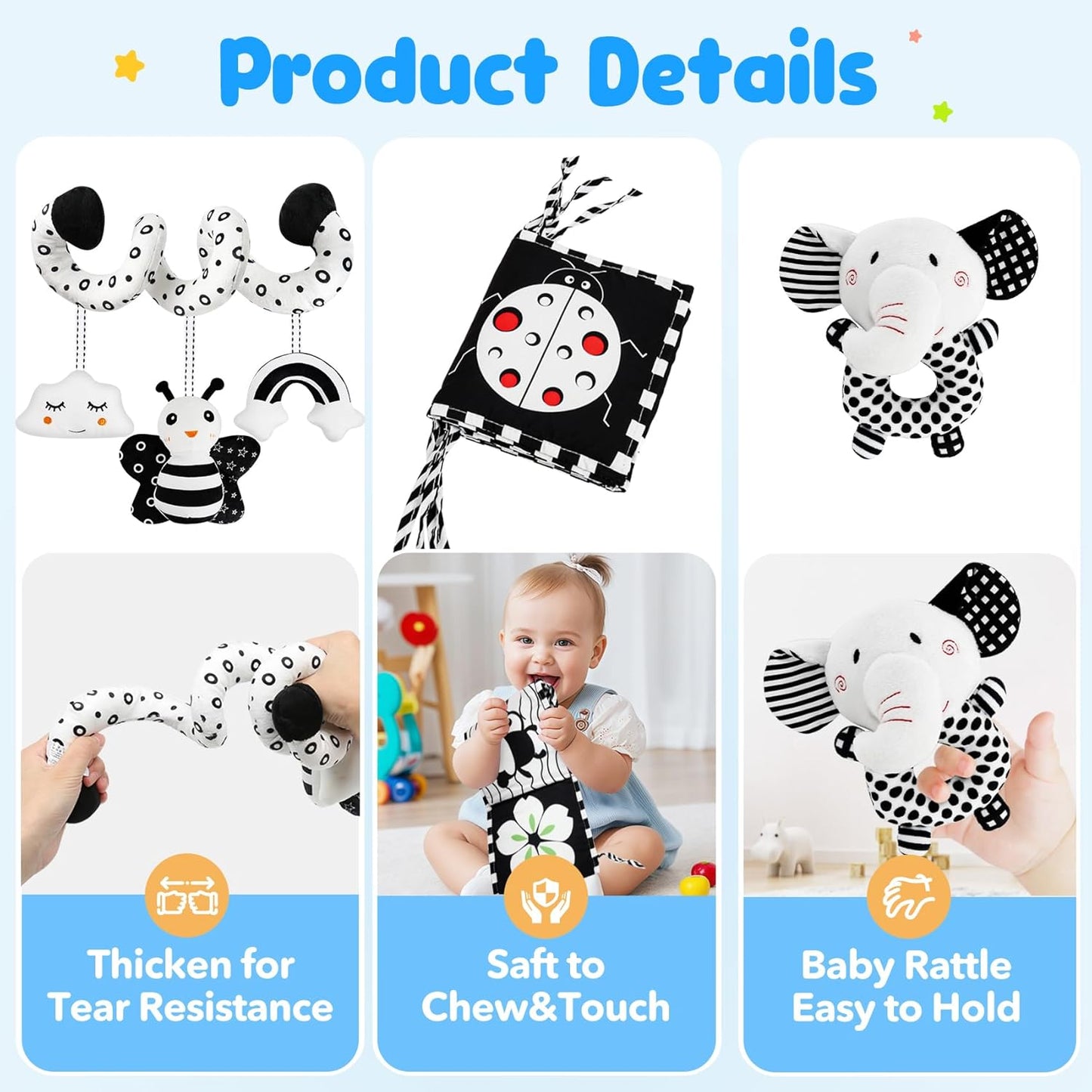 Car Seat Toys for Babies 0-6 Months,Hanging Rattle Toys for Crib Mobile, Baby Spiral Hanging Stroller Black and White High Contrast Toys for Newborn 0 3 6 9 12 Months Baby Boys Girls (Set-1)